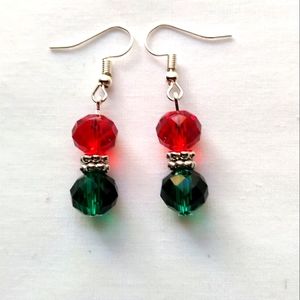 Christmas Red Glass Crystal Earrings Green Bead Handmade Silver Plated Hook Mod